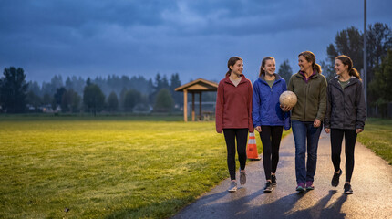 Fototapeta premium Friends leave the pitch after an evening football session