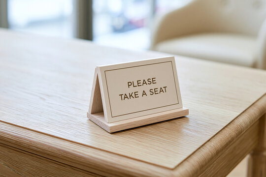 PLEASE TAKE A SEAT tabletop sign on a wooden table