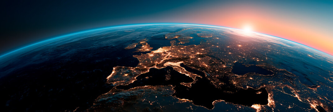 Planet Earth in outer space with city lights of Europe at night