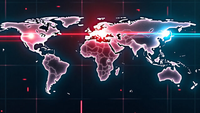 Digital firestorm over Asia with glowing red blue energy beams crossing the globe in futuristic world map