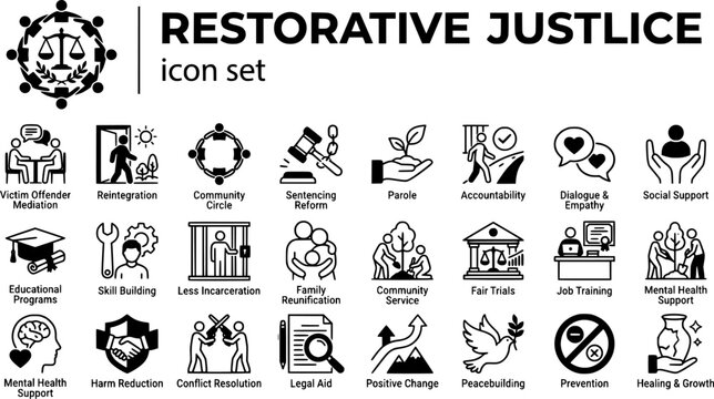 Restorative Justice Prison Reform Icon Set Victim Offender Mediation Reintegration Community Circle Rehabilitation Parole Juvenile Justice Vector