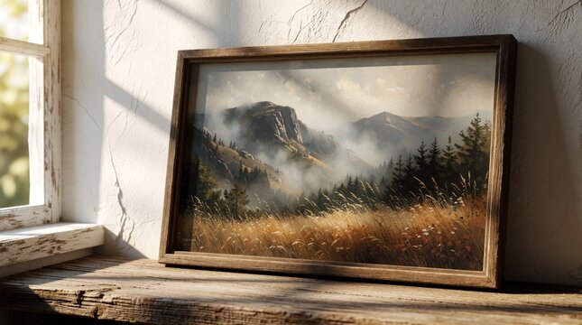 Framed landscape painting displays misty mountains, tall grass. Artwork rests against textured wall near bright window casting sunlit shadows. Natural scene evokes peaceful rustic ambiance. Wood