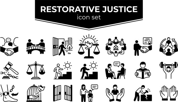 Restorative Justice Prison Reform Icon Set Victim Offender Mediation Reintegration Community Circle Rehabilitation Parole Juvenile Justice Vector