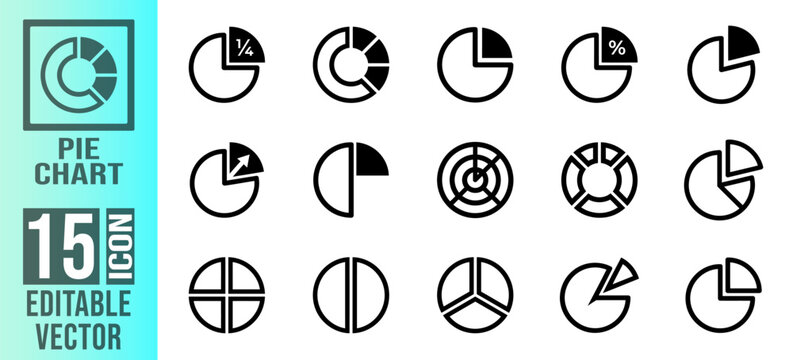 A collection of fifteen editable vector pie chart icons featuring various segments and styles for business data analysis and presentation design