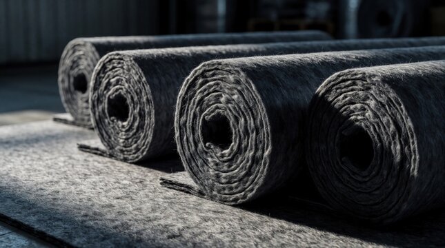 Industrial rolls of grey felt insulation material stored in warehouse. Synthetic textile fibers used for building thermal protection car soundproofing. Manufacturing factory stock ready for