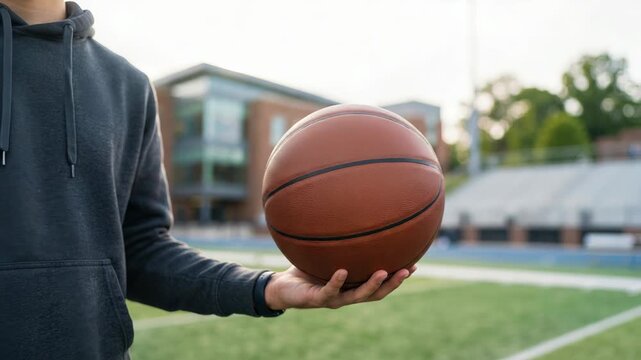 Man holding a basketball on a school athletic field. Athlete in a hoodie preparing for a game. Outdoor training concept with sports equipment in autumn light