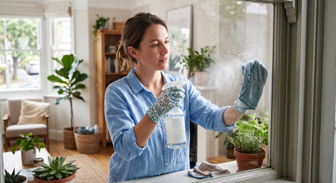 A young woman caring for potted plants indoors by spraying fresh water mist on green leaves near a bright window.