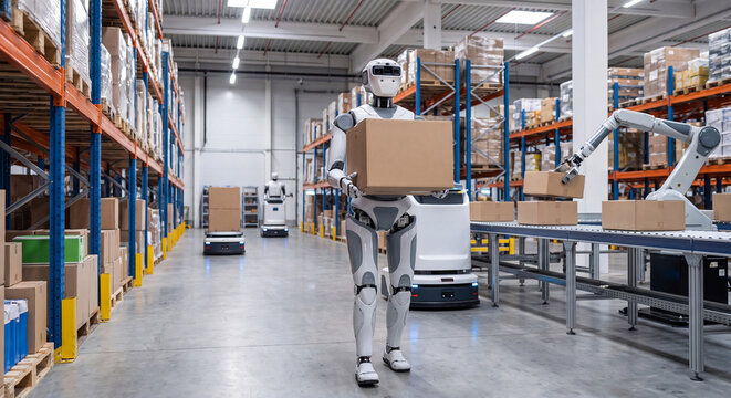 Futuristic silver humanoid robot carrying a package in an automated industrial warehouse with high storage shelves and logistics equipment