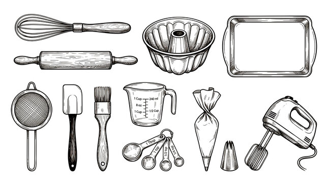 Hand drawn vintage kitchen utensils set isolated on white background.