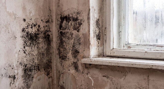 A detailed view of dark toxic mold spores and fungus accumulating on an interior wall corner due to excess humidity and water damage near a window frame