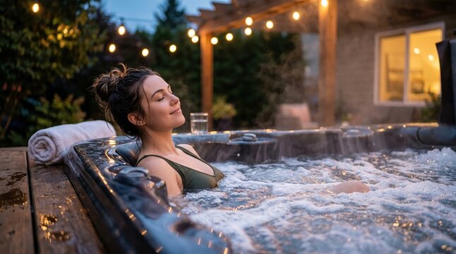 Woman relaxing in outdoor hot tub at night