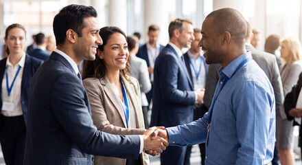 Obraz premium A close view of a businessman and businesswoman shaking hands happily amidst colleagues during a busy networking conference event