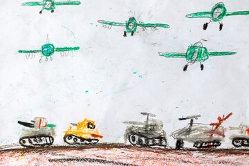 Obraz premium Child's drawing depicting war and military vehicles. Concept of childhood during armed conflict, emotional expression and children's mental health