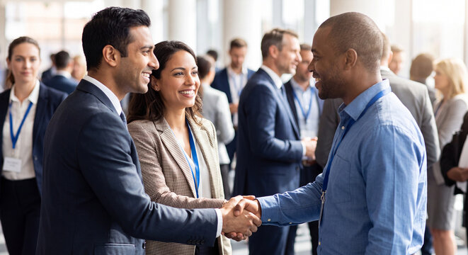 A close view of a businessman and businesswoman shaking hands happily amidst colleagues during a busy networking conference event