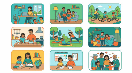 Naklejka premium Diverse family activities showcasing education, health, and togetherness for marketing and protection themes