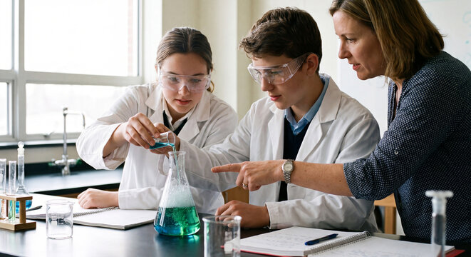A group of young focused researchers working with glass flasks and liquids during an experiment in a bright modern science lab