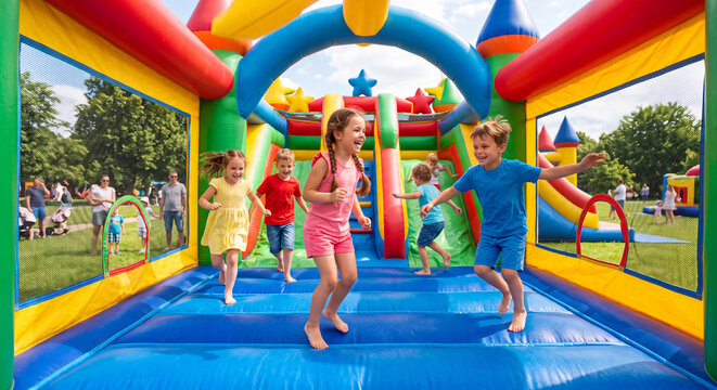A group of active happy young children jumping high and playing together inside a bright colorful inflatable bounce house outdoors