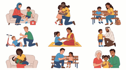 Fototapeta premium Diverse families providing care and comfort to children showing affection and support for health and well-being