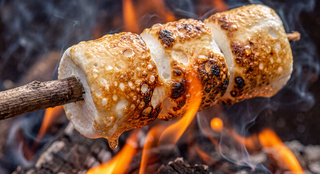 A golden brown marshmallow roasts on a wooden stick directly above glowing fire flames during a campsite fire