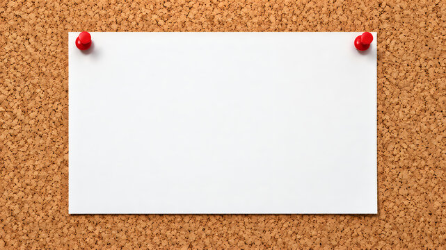 Blank white paper note pinned to cork board, empty message card with red push pins, office bulletin board for reminders and announcements isolated on White Background ai