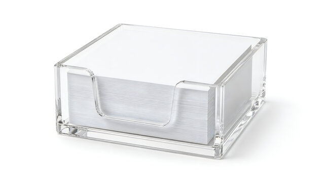 Clear acrylic memo holder with white paper notes, transparent desk organizer for office stationery, square plastic notepad container for workspace isolated on White Background ai