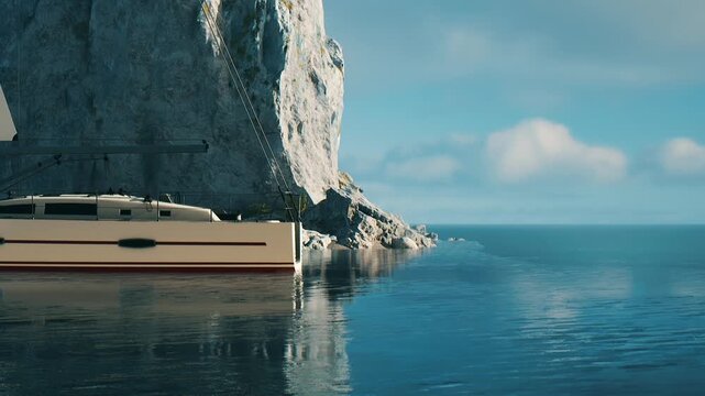 A sailboat is anchored near a tall rocky cliff. The water is smooth and reflective. The sky is blue with a few clouds. This scene shows a quiet day by the water.
