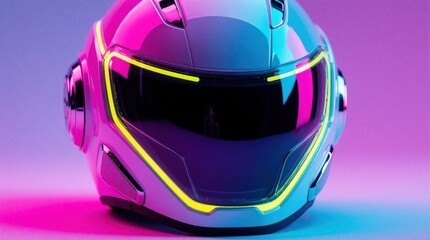 Fototapeta premium Futuristic neon helmet glows with pink and blue light. This modern headwear has a sleek design and yellow accents. Ideal for tech, fashion, or gaming visuals.