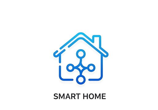 Minimalist smart home automation icon featuring blue gradient connected network nodes inside house outline symbol