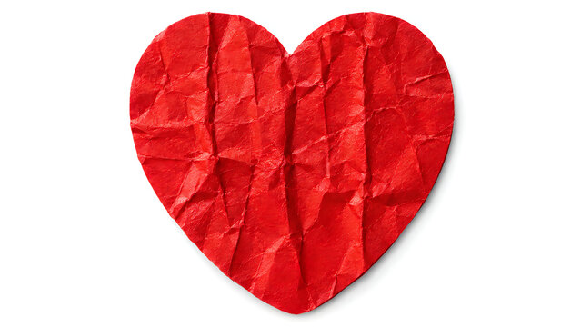 Crumpled red paper heart with wrinkled texture, textured paper heart shape for valentines day, creased crimson heart symbol of love and heartbreak isolated on White Background ai
