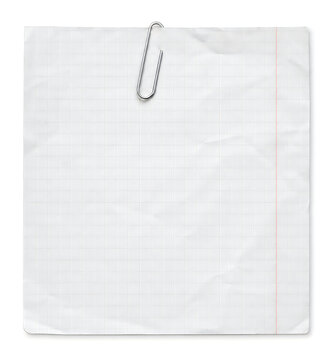 Crumpled white graph paper with metal paperclip, wrinkled square notebook page with grid lines, textured office stationery for notes isolated on White Background ai