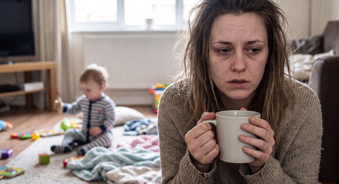 Tired mother holding a mug in messy room with young child playing on floor in blurred background