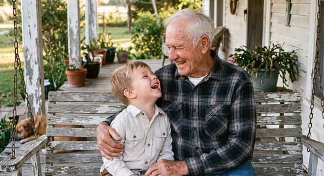 Happy grandfather embracing cheerful young grandson while sitting together on outdoor wooden porch swing during summer day