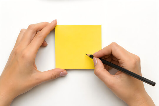 Yellow sticky note with hands writing, blank adhesive paper for reminders, person holding pencil over square memo pad for office planning isolated on White Background ai