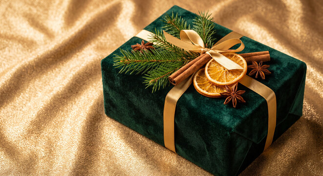 An elegant emerald green Christmas gift box decorated with dried orange slice and pine branch lying on shimmering gold satin fabric
