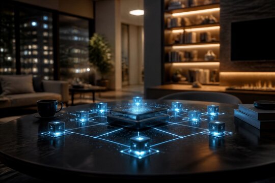 Holographic data nodes glowing on table in living room