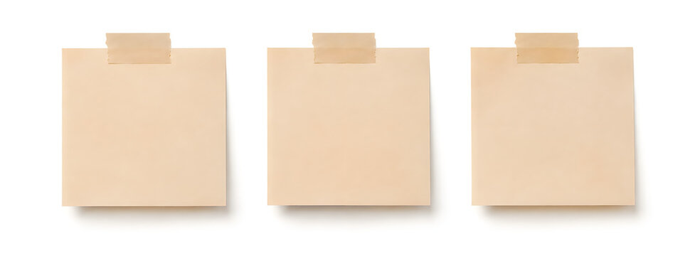 Minimalist beige sticky notes with adhesive tape, three square paper memo pads for office reminders, blank stationery notes for business planning isolated on White Background ai