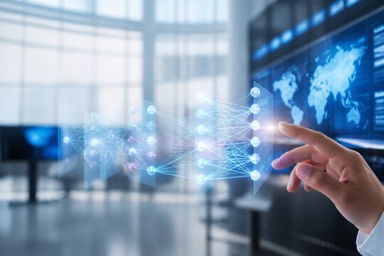 Hand interacting with neural network hologram in modern office