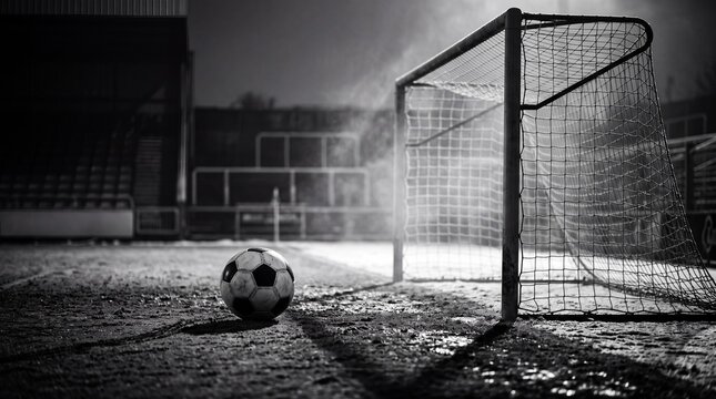 Schwarzwei&szlig; Fu&szlig;ball rollt in Halbtotale &uuml;ber die Torlinie zum leeren Tor bei Gegenlicht und Bodennebel