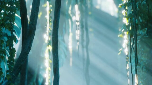 Light filters through the trees in a forest. Green vines hang down while the sun creates patterns on the ground. The scene shows a mix of shadows and light among the foliage.
