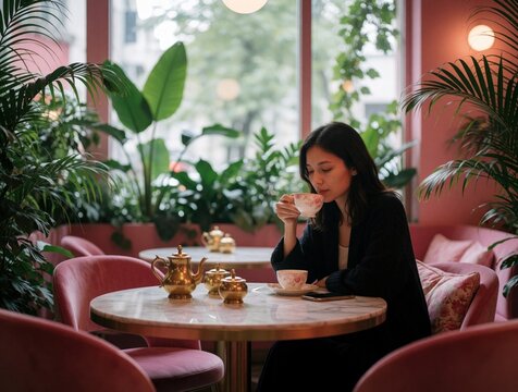 Young woman sits alone in modern cafe. Enjoys hot tea from porcelain cup. Cozy interior with green plants, pink furniture creates peaceful atmosphere. Urban lifestyle scene for remote work relaxing