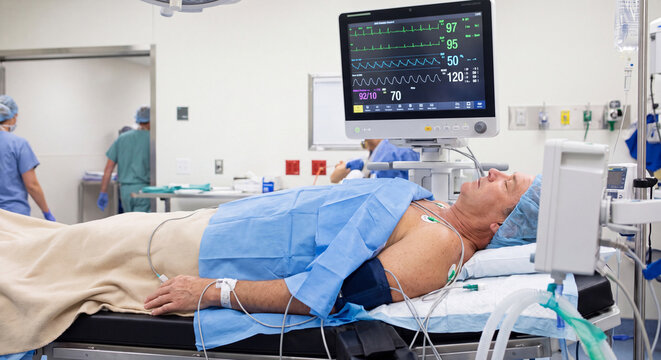 An intensive care patient hooked to vital signs monitors and life support systems resting safely in specialized hospital ward