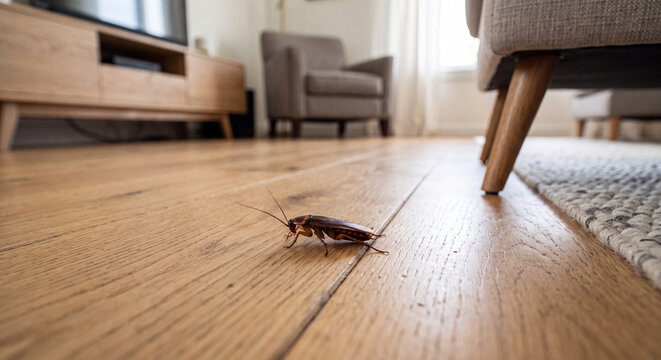 Low angle view of large brown cockroach crawling across bright polished hardwood floor inside modern home apartment living room