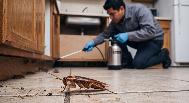Professional exterminator in protective gear spraying pesticide chemical under kitchen wooden cabinet while large cockroach crawls on floor