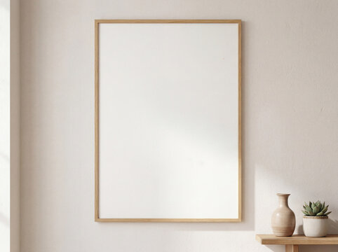 Empty wooden frame on light wall with plant
