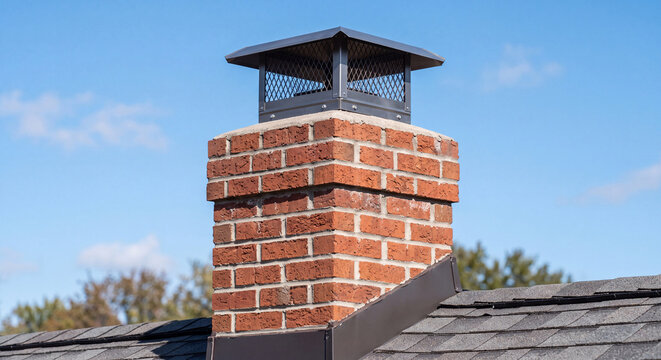 A classic red brick chimney featuring a black protective cap installed on the tiled roof of a suburban home under a clear blue sky