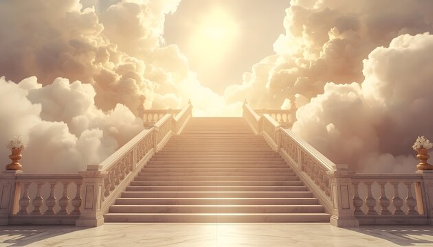 Stairway to heaven with bright light. Surreal staircase leading into clouds and sky.