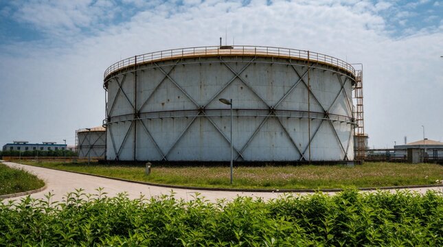 Large industrial gas holder tank at wastewater plant. Structure stores methane from anaerobic digestion. Blue sky backdrop contrasts with metal exterior.