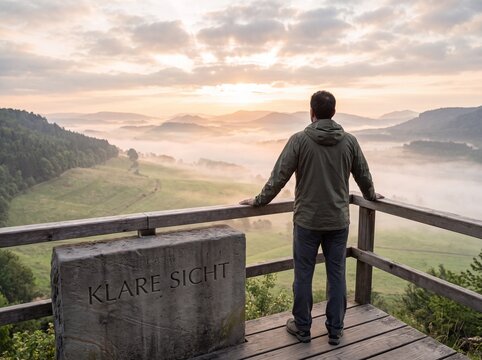 Mann in Vierzigern steht in der Totale am Aussichtspunkt mit Steintafel klare Sicht &uuml;ber neblige T&auml;ler bei Sonnenaufgang