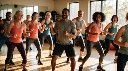 Fototapeta premium Diverse adults of various ages enjoy a lively dance fitness class. They move energetically indoors, smiling and engaging in a fun group workout for health.
