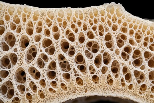 Microscopic view of healthy bone structure showing porous trabecular network. Organic matrix displays intricate cellular arrangement, essential for skeletal strength, integrity. Medical science